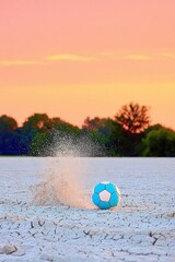 Blue Ball Splashing in Dry Field at Sunset