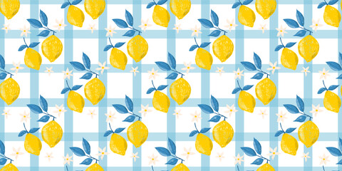 Hand drawn set of colored crayon of lemons on branch. Leaves and flowers of citrus fruits. Vector Italian summer seamless pattern in Mediterranean vintage style, kitchen print, checkered background