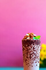 Chocolate Almond Smoothie with Shavings on Pink Background