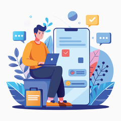 Man working on laptop with mobile phone screen showing completed tasks vector illustration