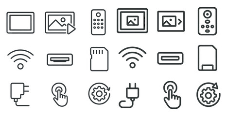Technology and device icons set – line, outline, gadget and digital symbols