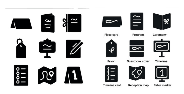 Wedding and event silhouette icons set – program, favor, ceremony signage