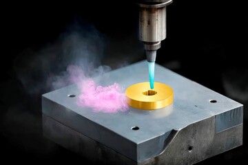 Close Up of Metal Machining Process with Blue Flame and Pink Smoke