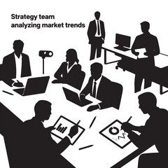 Business Professionals Working on Data Analysis - Black and White Illustration