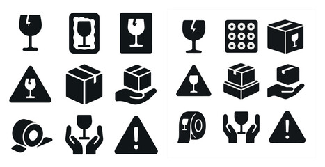 Fragile package solid icons set – filled, shipping, handling safety symbols