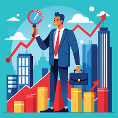 Business analyst analyzing financial growth and investment strategy with magnifying glass and bar graphs