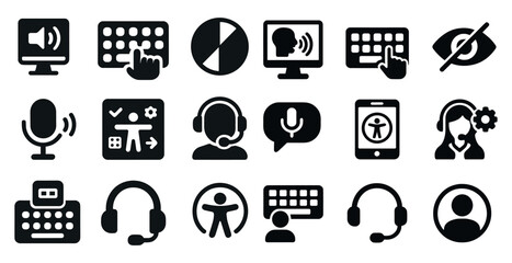 Keyboard accessibility solid icons set – communication, hearing, assistive tools