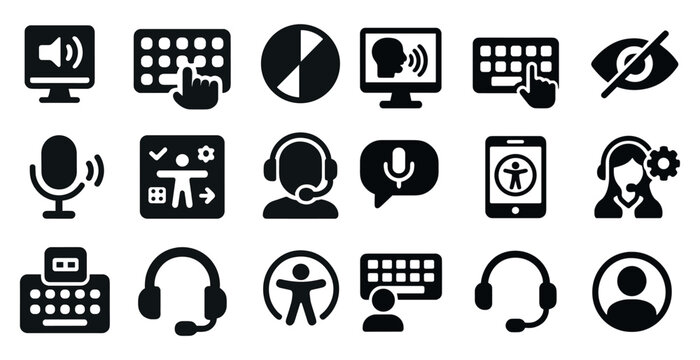 Keyboard accessibility solid icons set – communication, hearing, assistive tools