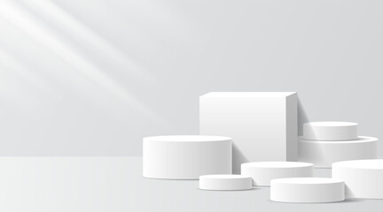 3D product Minimal display stand, white circle on gray background. Abstract geometric shapes in a simple design. Fashion stage mockup scene. Studio product display stand. Product advertising stand