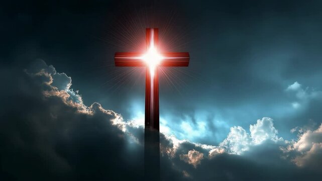 A red cross is lit up in the sky above a dark, stormy sky. Concept of hope and faith in the midst of a difficult situation