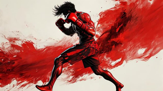 Male fighter in boxing gloves running in an artistic, dynamic red splash. Strong athlete training for combat sport. Powerful motion footage.