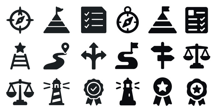 Navigation and direction solid icons set – filled, wayfinding and travel symbols