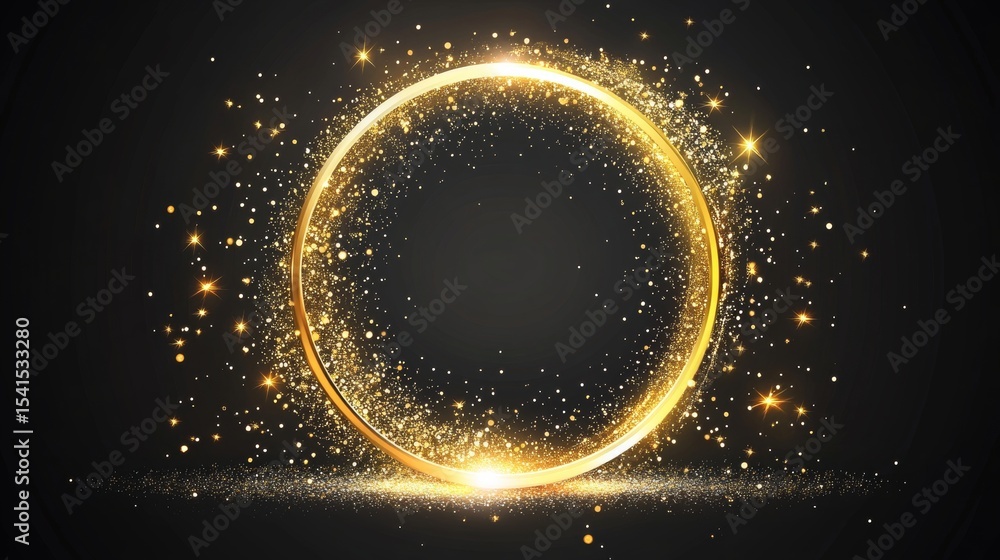 Poster elegant golden ring shape with sparkly elements swirling around on a dark abstract background