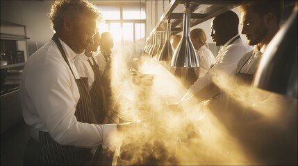 Team of chefs working in a bustling commercial kitchen, steam rising from dishes