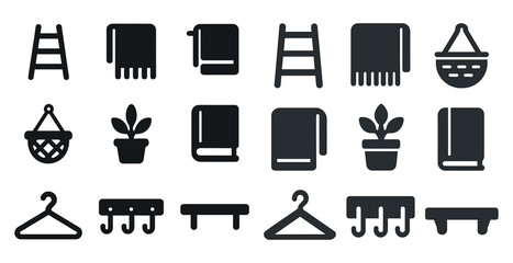 Home essentials solid icons set – flat, filled, household and decor symbols