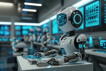 Advanced robot working in a high-tech laboratory setting during the afternoon