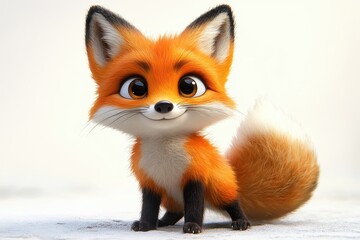 Fototapeta premium Cute animated fox character with bright orange fur standing on a light background