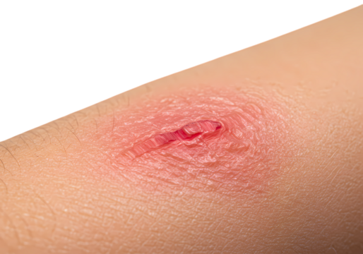 Closeup of a Minor Skin Abrasion Redness Inflammation and Healing Process isolated on transparent baackground