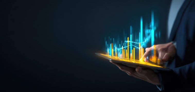 The tablet displaying dynamic analytic graphs for modern business insights
