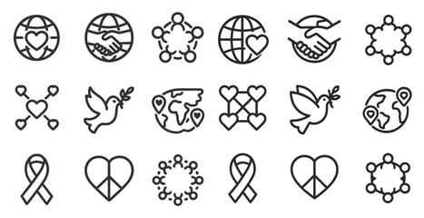 Peace and unity line icons set – outline, harmony, connection symbols