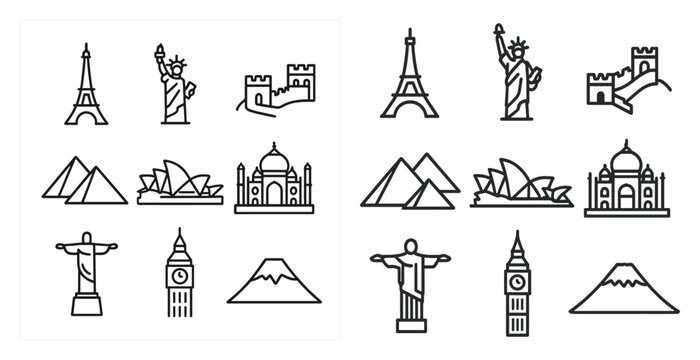 Travel and landmarks icons set – outline, linear, global tourism graphics