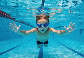 Boy swimming underwater in a pool with goggles and outstretched arms ai generated