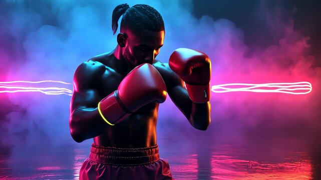 Male boxer with red gloves and strong arms in guarded pose, surrounded by colorful smoke and glow lines.
