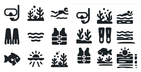 Snorkeling silhouette icons set – solid, filled, diving and underwater symbols
