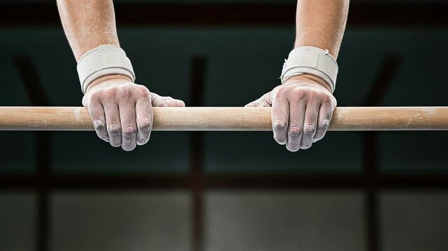 Gymnast woman hands on horizontal bar covered with chalk dust. Professional female athlete training for competition footage.