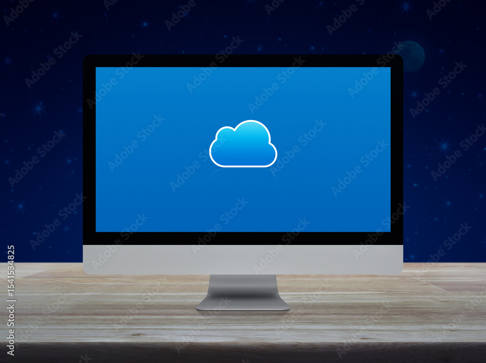 Poster cloud computing icon on modern computer monitor screen on wooden table over fantasy night sky and mo