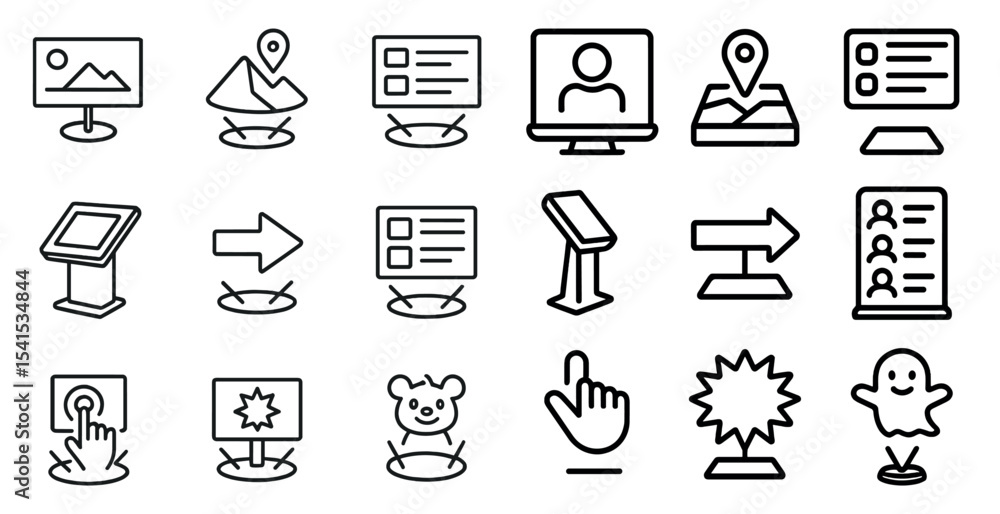 Poster navigation and user interface outline icons set – map, touchscreen, digital symbols