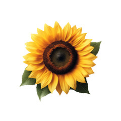 Obraz premium Yellow sunflower blossom with green leaves isolated on a white background