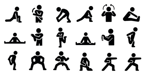 Naklejka premium Yoga and fitness silhouette icons set – stretching, exercise, wellness symbols