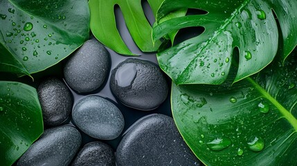 Spa stones and tropical leaves with water drops..