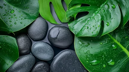 Poster Spa stones and tropical leaves with water drops..