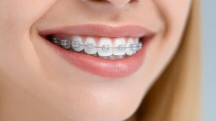 Fototapeta premium Close-up Portrait of a Young Individual with Bright Smile and Immaculate Clear Lingual Wire Braces