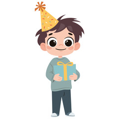 Flat vector illustration in a simple children's style. Cute boy birthday boy holding gift box on white background. Vector illustration