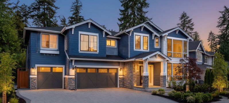 The modern blue house surrounded by tall trees at dusk. - Powered by Adobe