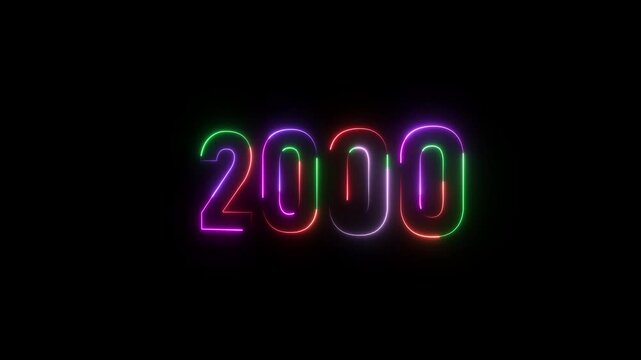 2000 neon line text. Abstract 2000 neon text animation ,Four color neon Glowing neon number 3D text background. right, left, up, down lopped text position.