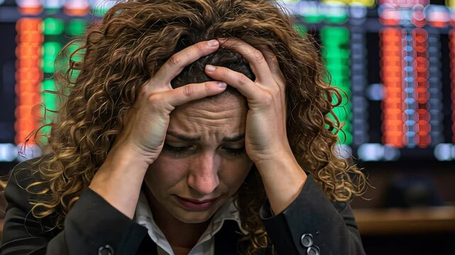 Woman investor holding head in stress over stock market crash. Financial crisis, investment failure, and stock exchange loss footage.