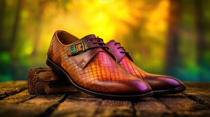 Naklejka premium Elegant vintage men's leather shoes displayed on a rustic wooden background showcasing luxury craftsmanship and timeless style in natural light