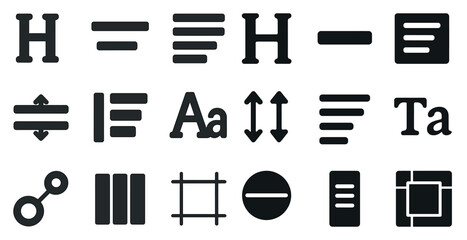 Text formatting solid icons set – filled, align, typography symbols for design