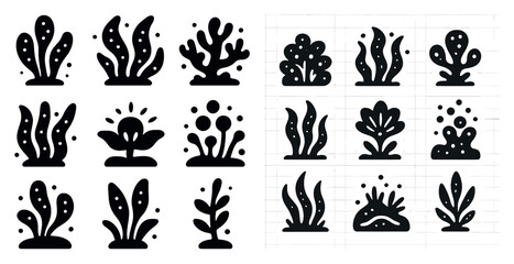 Obraz premium Nature and plant silhouette icons set – solid, filled, botanical clipart symbols