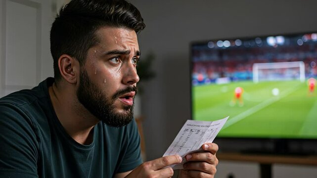 Mature man with beard holding lottery ticket looking shocked and upset, celebrating loss or unexpected outcome in game, footage.