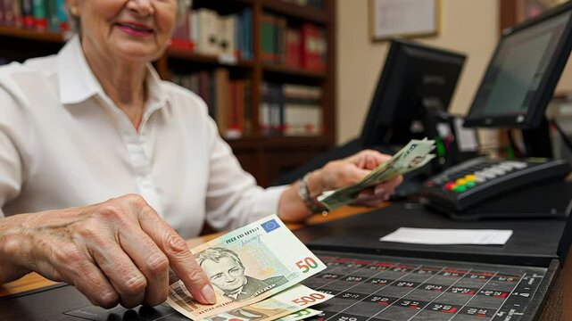 Older woman counting paper money banknotes. Senior female managing retirement finances. Financial literacy for elderly. Budgeting savings footage.