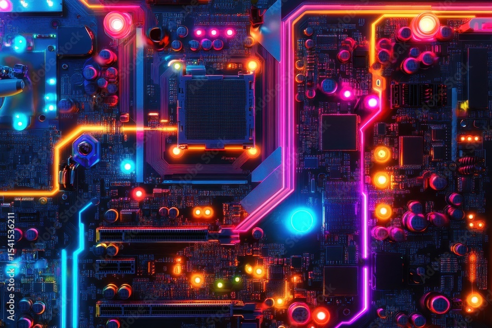 Poster vibrant close-up of a circuit board with colorful led lights illuminating its intricate details