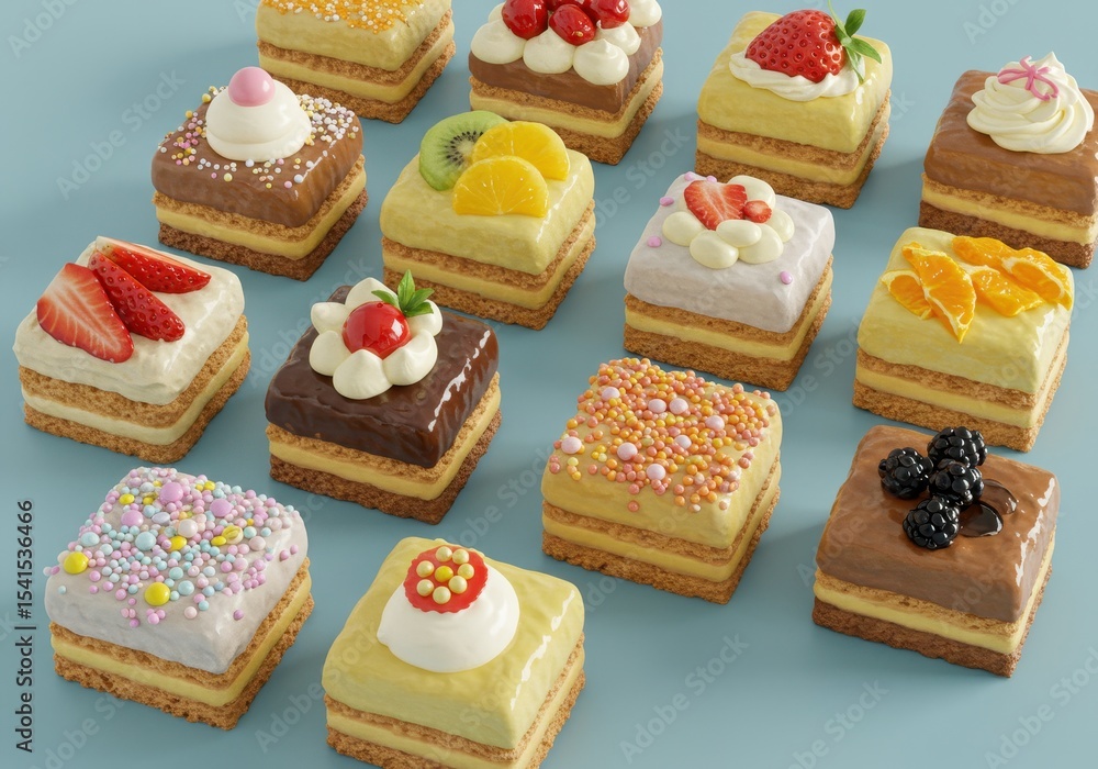 Poster assorted mini cakes with various toppings are arranged on a blue background