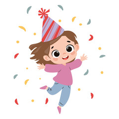 Flat vector illustration in a simple children's style. Cute little girl in birthday boy hat happily jumping under confetti on white background. Vector illustration