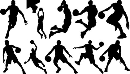 Set of dynamic black basketball player silhouettes showcasing dribbling, dunking, and jumping moves. Perfect for sports, athletic branding, posters, and vector illustration design.