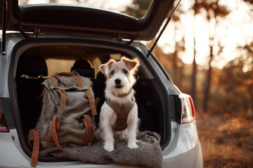 a stylish car with an open trunk, dog sitting with a blanket and backpack, travel mood 